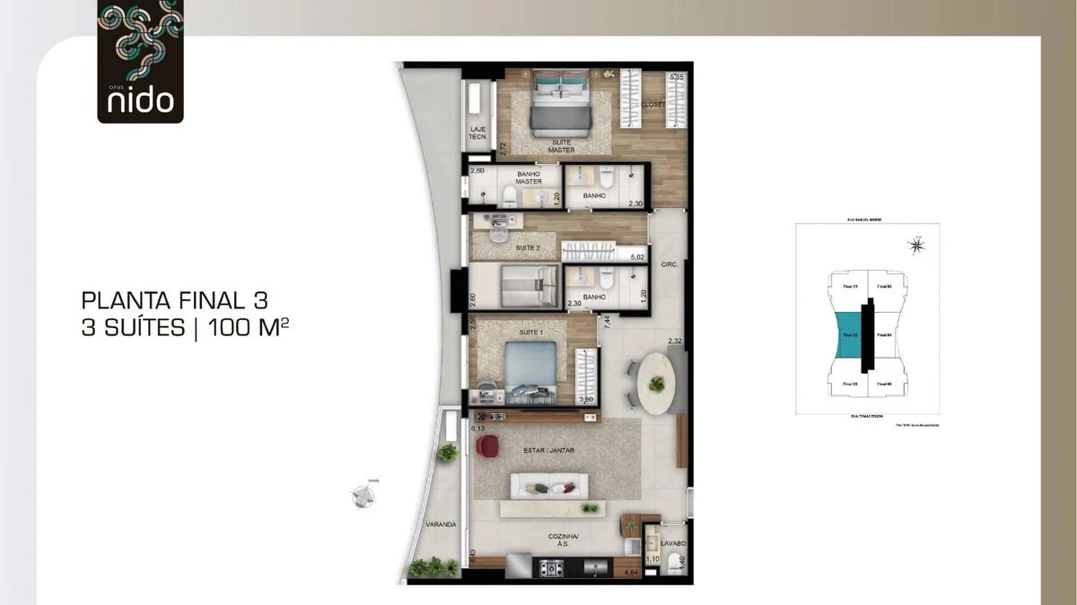 Planta de 100 m² do Opus Nido